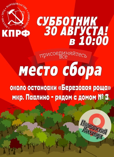 Внимание! В это воскресенье 30 августа состоится СУББОТНИК в Павлинском лесопарке.