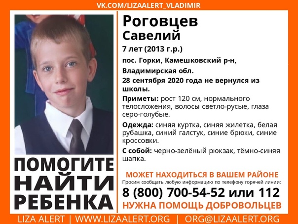 Внимание! Пропал ребенок!! Роговцев Савелий, 7 лет, с. Горки, Камешковский